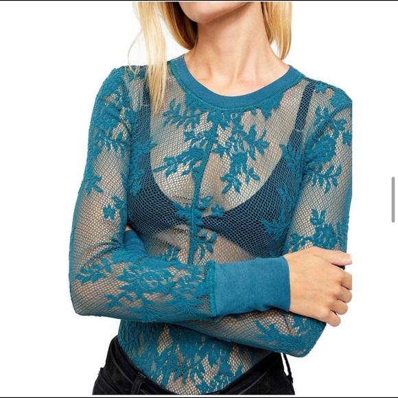 Free People Emerald Empire Jewel Lace Knit Stretchy Long Sleeve Crew Top - Picture 2 of 8